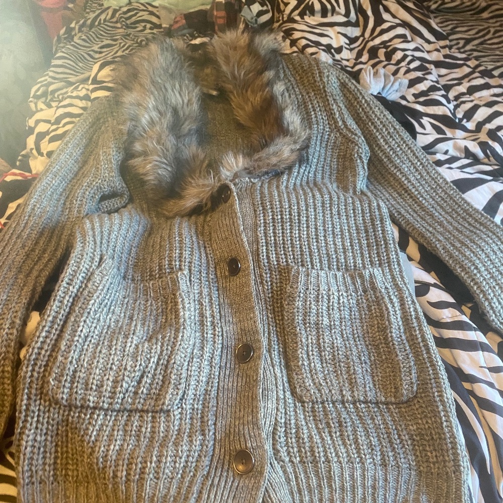 Grey fur hooded cardigan sweater